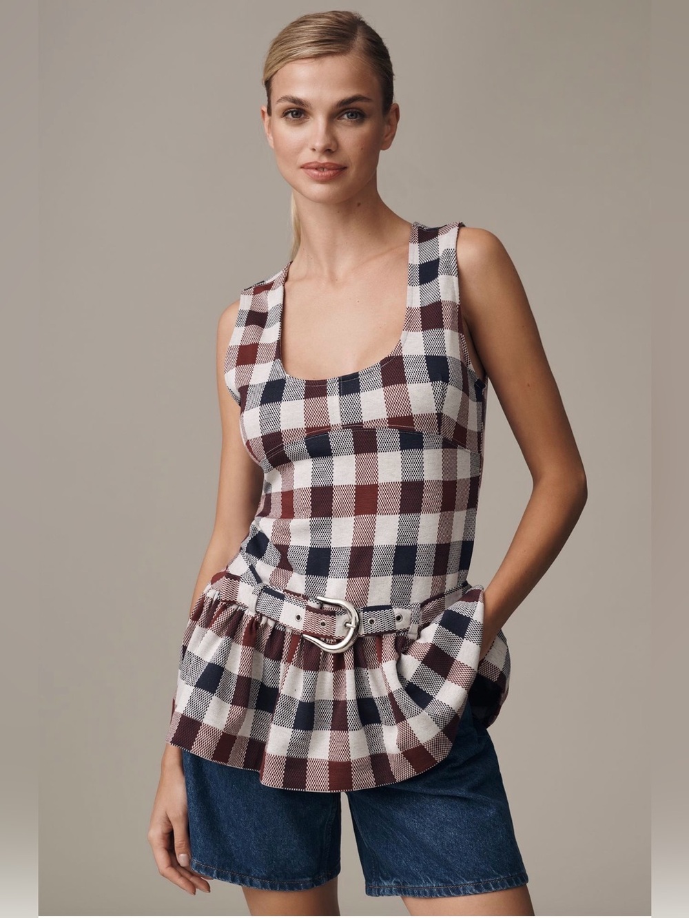 Maeve Anthropologie Plaid Belted Drop Waist Peplum Tank Top Size L